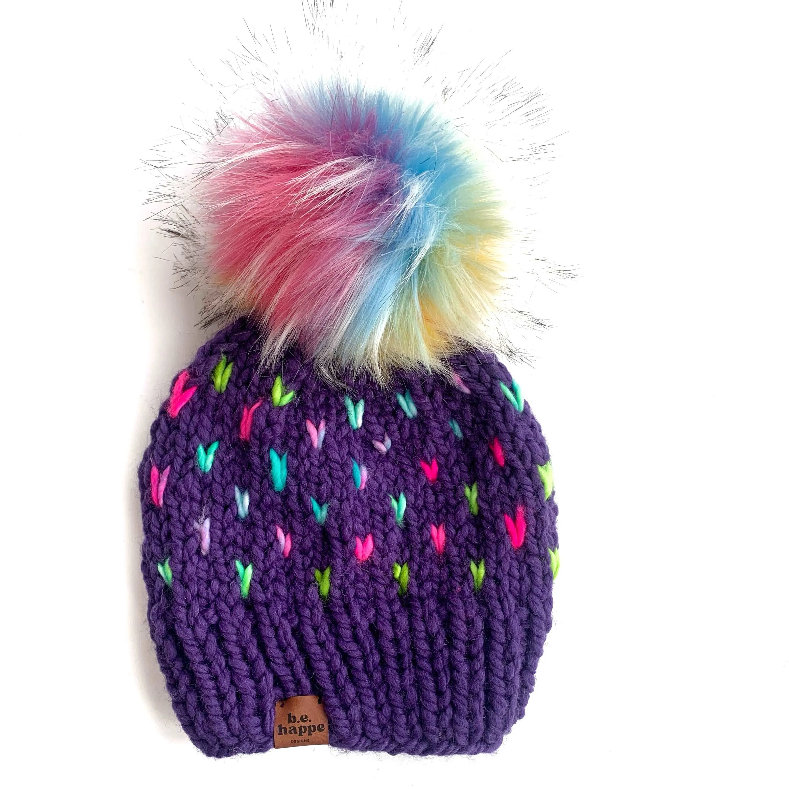 0-3 month Knit Heart Pom Hat | Purple Rainbow