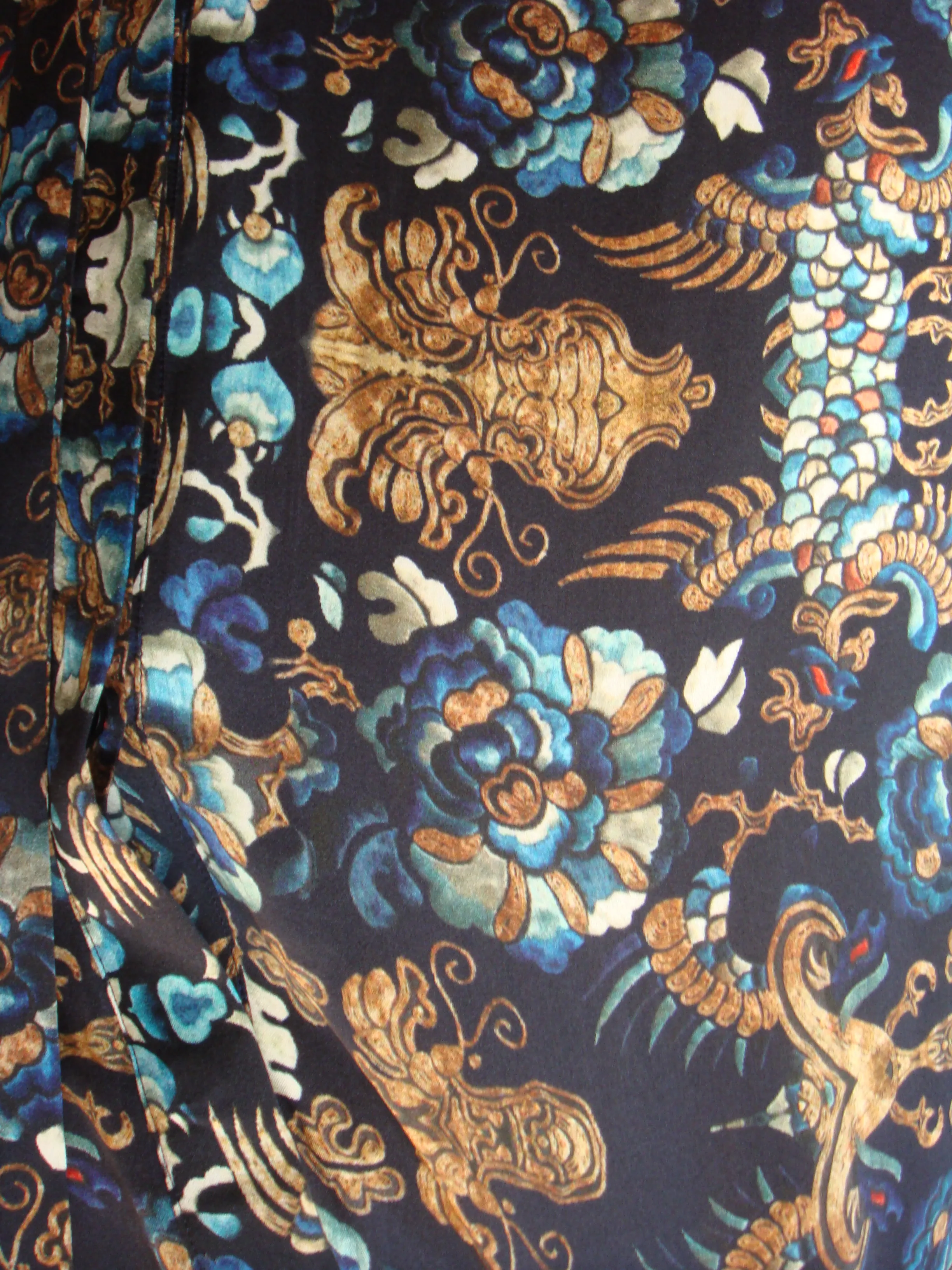 100% Italian Silk Satin Stretch/charmeuse silk Baroque Navy Blue, Gold, Biscuit Brown with a hint of Red Print Shirtdress/Coat UK Size 8-12 by I LOVE LOLA London