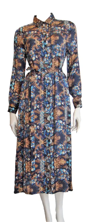 100% Italian Silk Satin Stretch/charmeuse silk Baroque Navy Blue, Gold, Biscuit Brown with a hint of Red Print Shirtdress/Coat UK Size 8-12 by I LOVE LOLA London