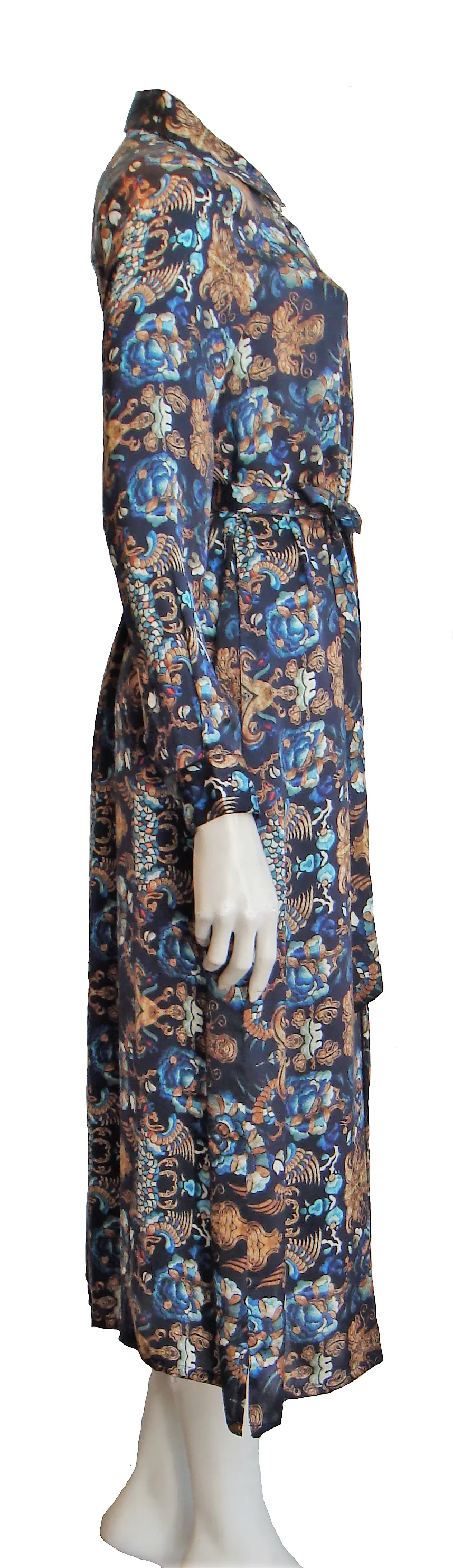 100% Italian Silk Satin Stretch/charmeuse silk Baroque Navy Blue, Gold, Biscuit Brown with a hint of Red Print Shirtdress/Coat UK Size 8-12 by I LOVE LOLA London