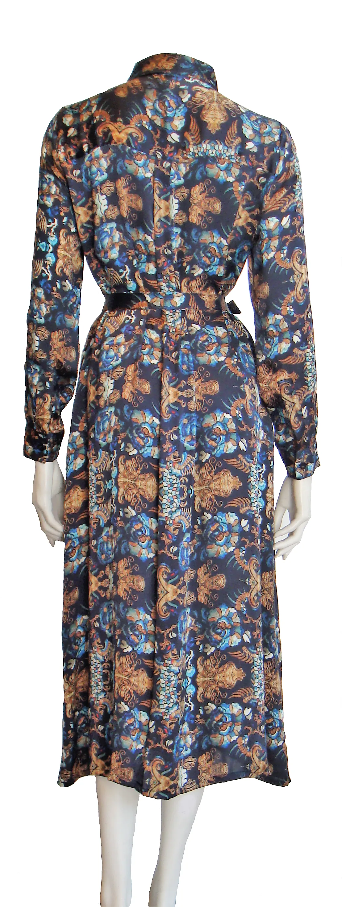 100% Italian Silk Satin Stretch/charmeuse silk Baroque Navy Blue, Gold, Biscuit Brown with a hint of Red Print Shirtdress/Coat UK Size 8-12 by I LOVE LOLA London