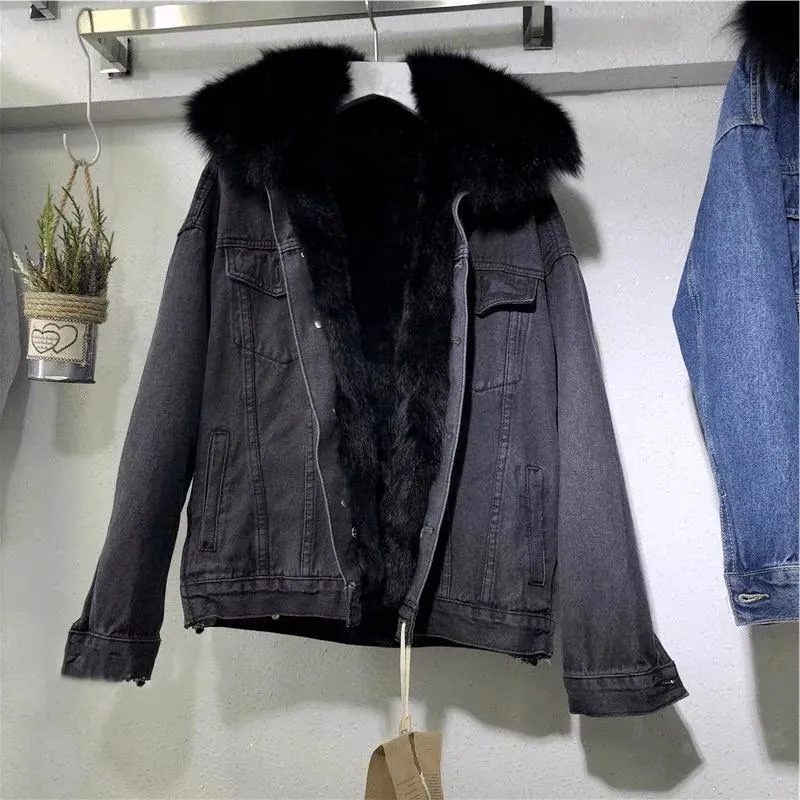 2022 Japan Korea autumn winter new fashion fur jean jacket for women denim coat fur lining vintage casual jacket