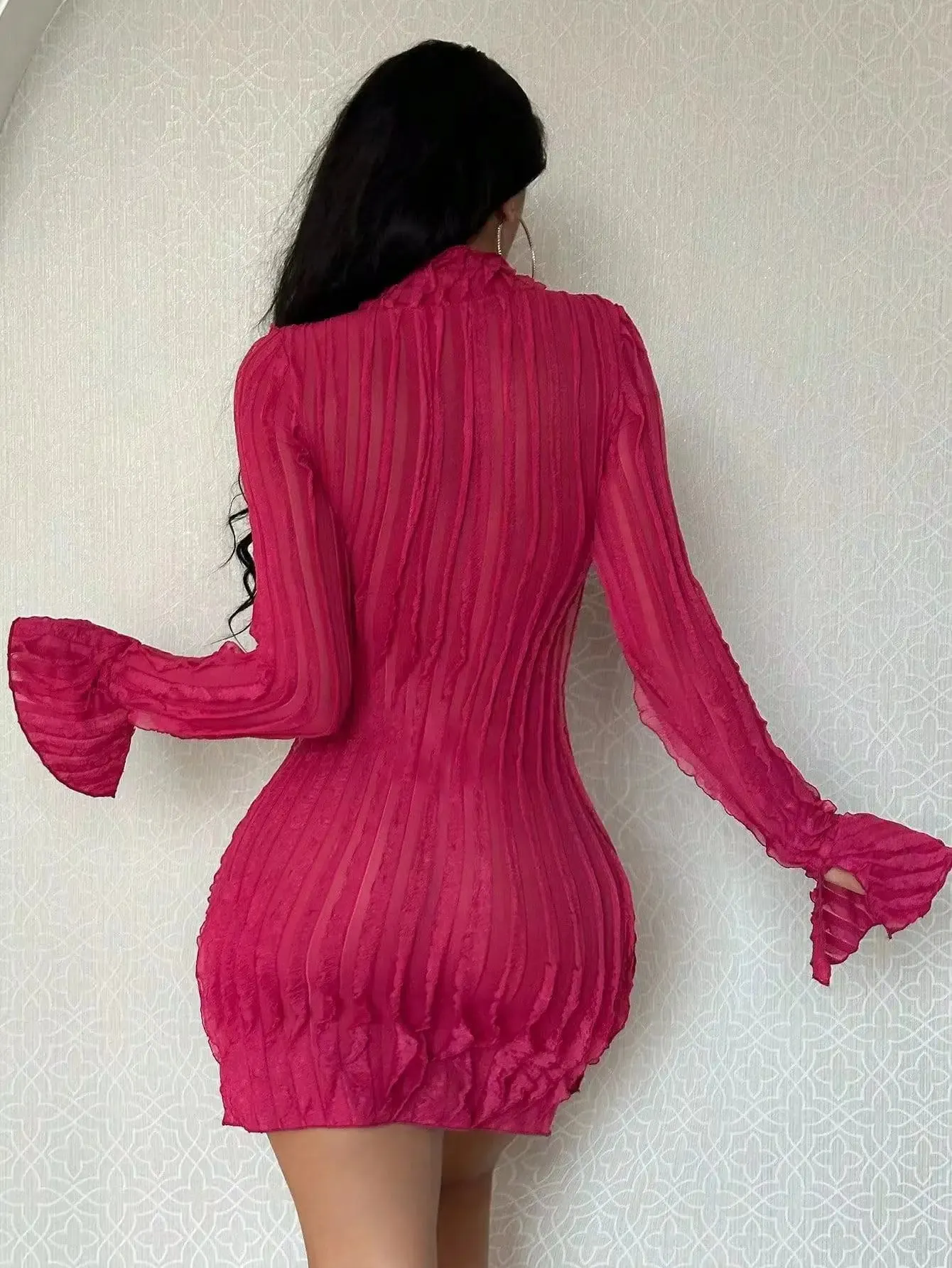 2024 Pleated Long Fashion High New Office Sleeved Wrap Hip Slim Necked Spring Dress