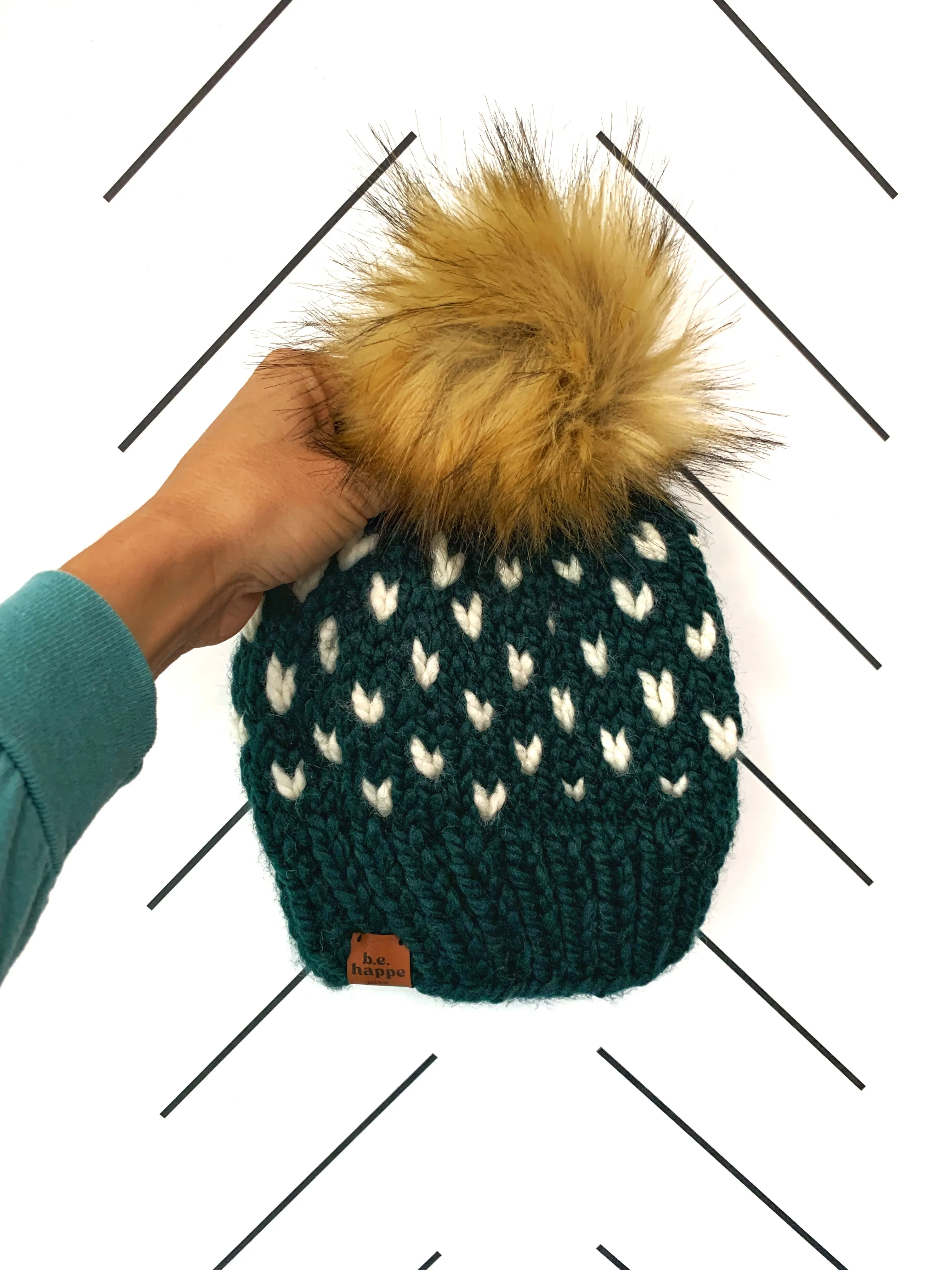 6-12 month Hearts Knit Pom Hat | Dark Green   Off White