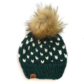 6-12 month Hearts Knit Pom Hat | Dark Green   Off White