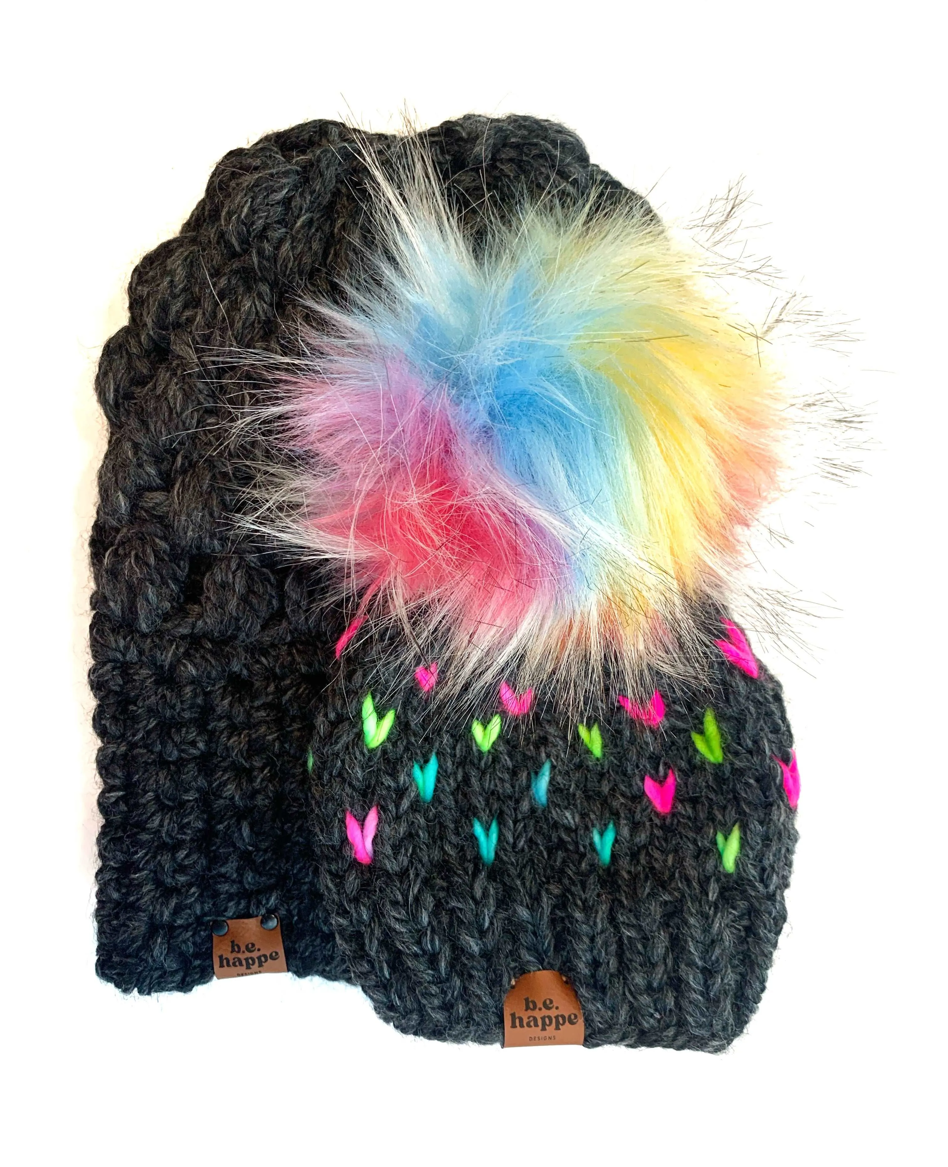 6-12 month Knit Hearts Pom Hat | Gray Rainbow