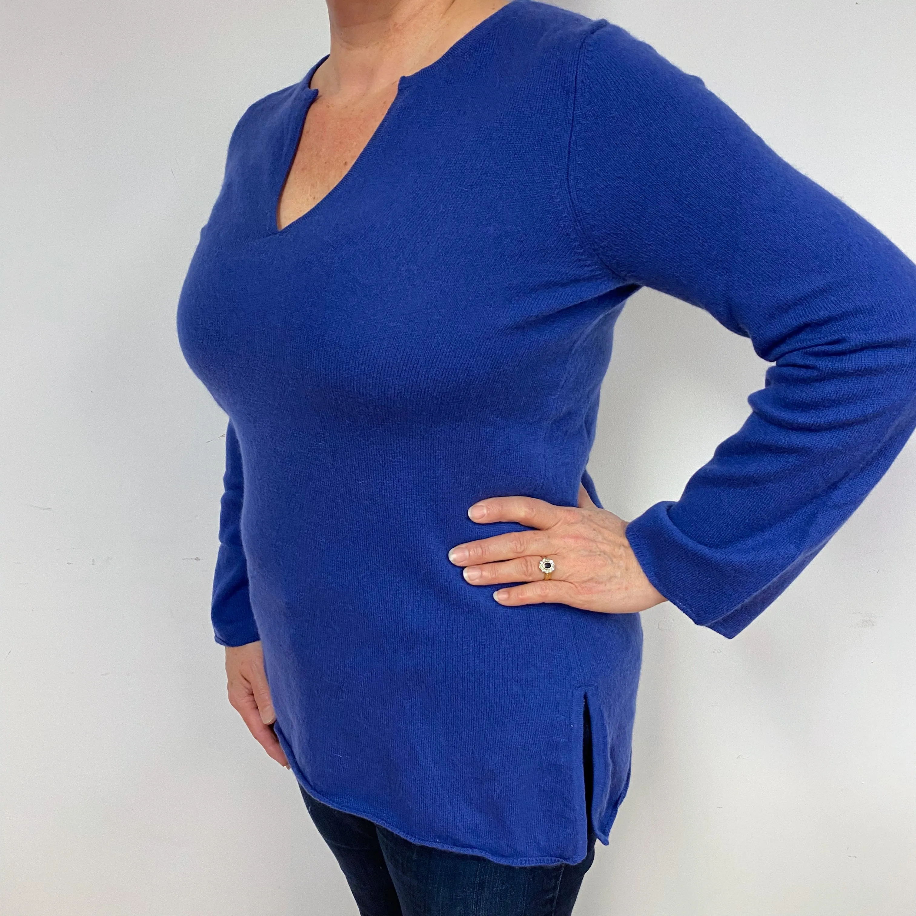 Admiral Blue Longline Cashmere V-Neck Jumper Large