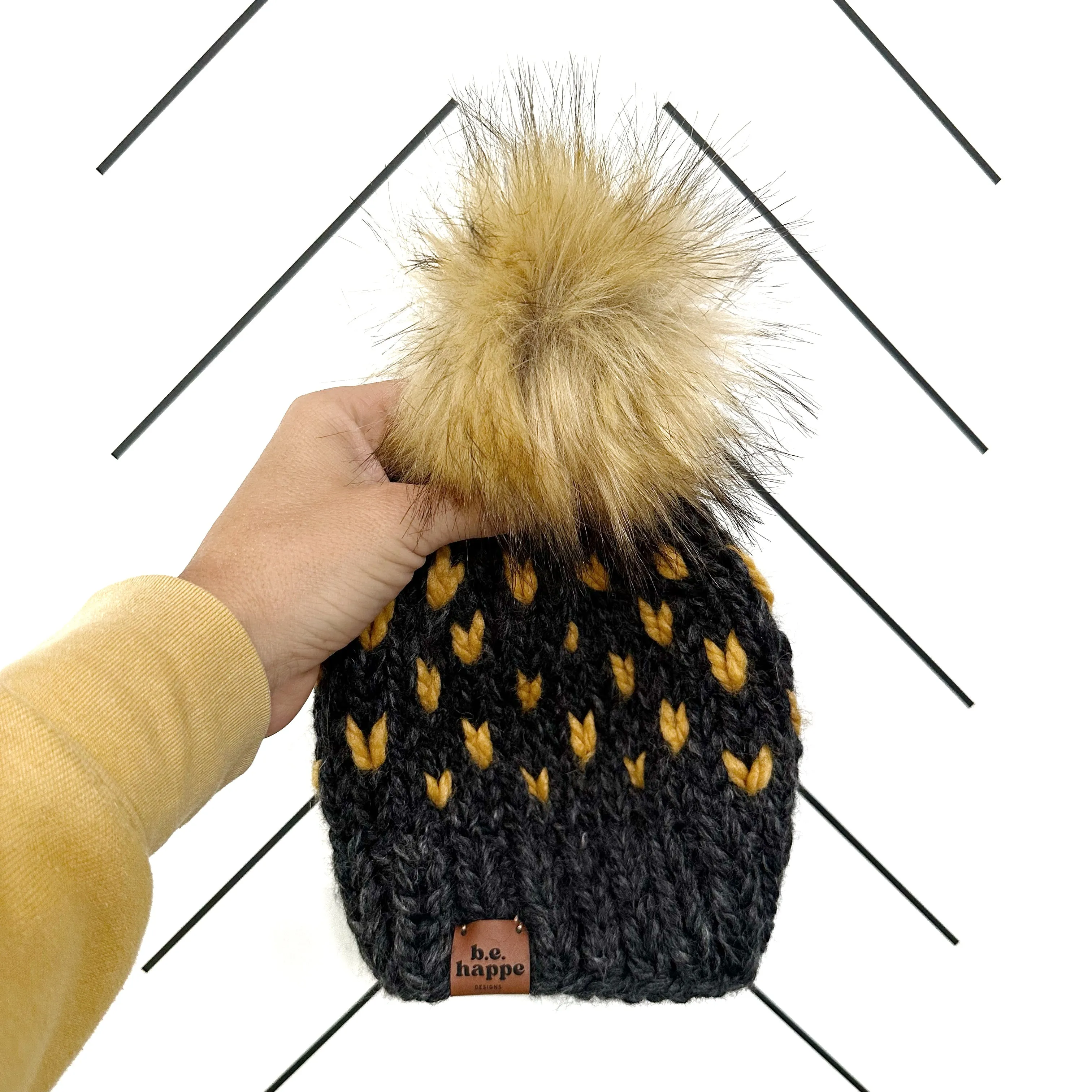 Adult Heart Pom Hat | Charcoal   Mustard