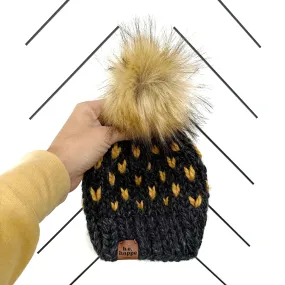 Adult Heart Pom Hat | Charcoal   Mustard