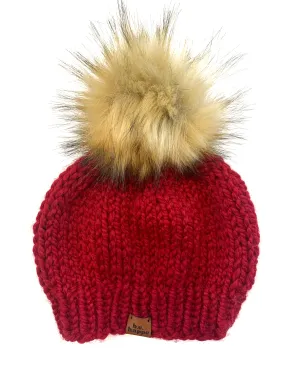 Adult Solid Knit Pom Hat | Cranberry Red