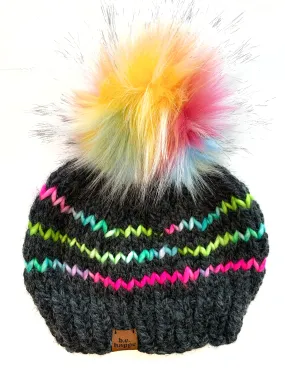 Adult Stripe Knit Pom Hat | Charcoal   Rainbow