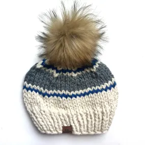 Adult Stripe Knit Pom Hat | Off White   Gray   Blue