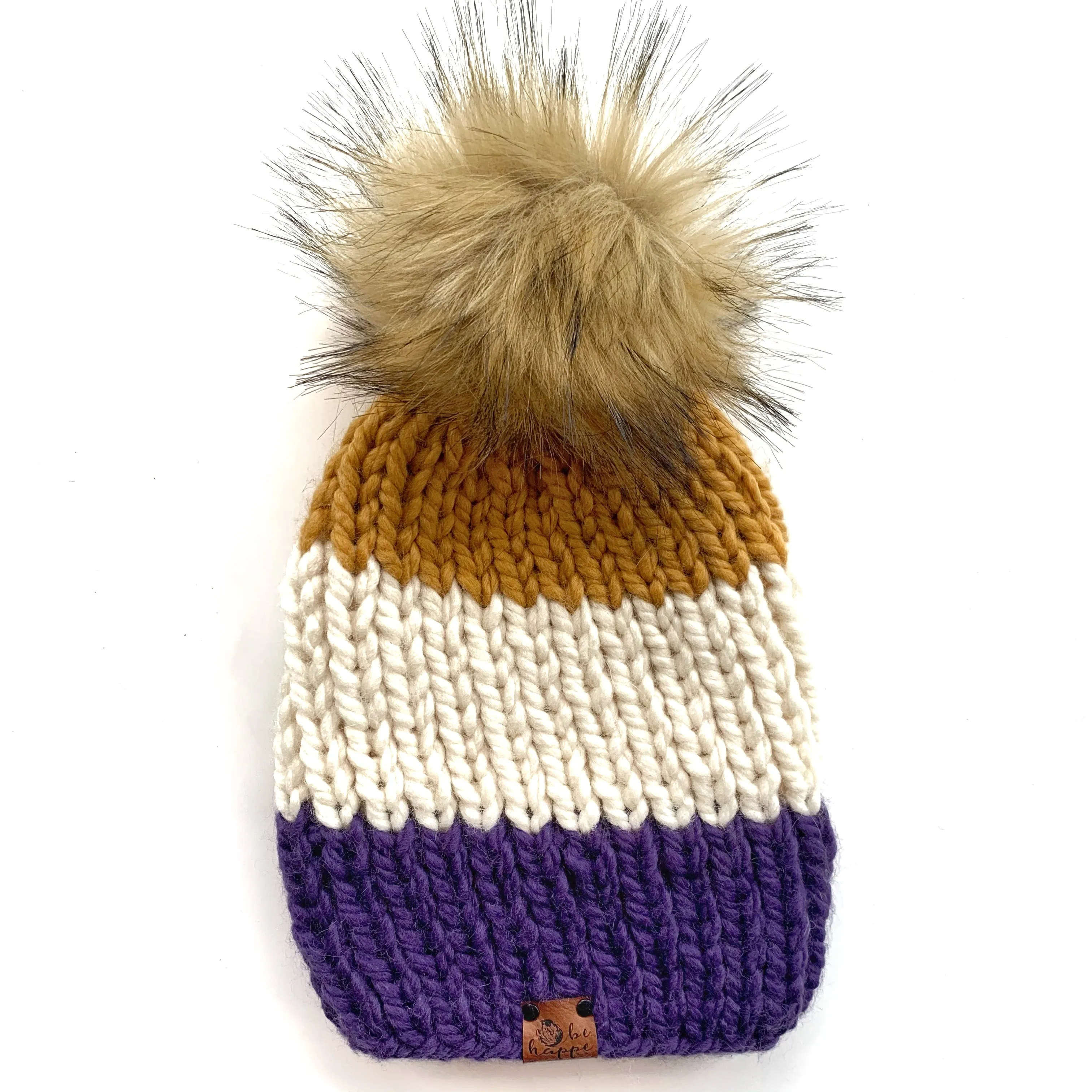 Adult Stripe Pom Hat| Purple   Mustard Yellow