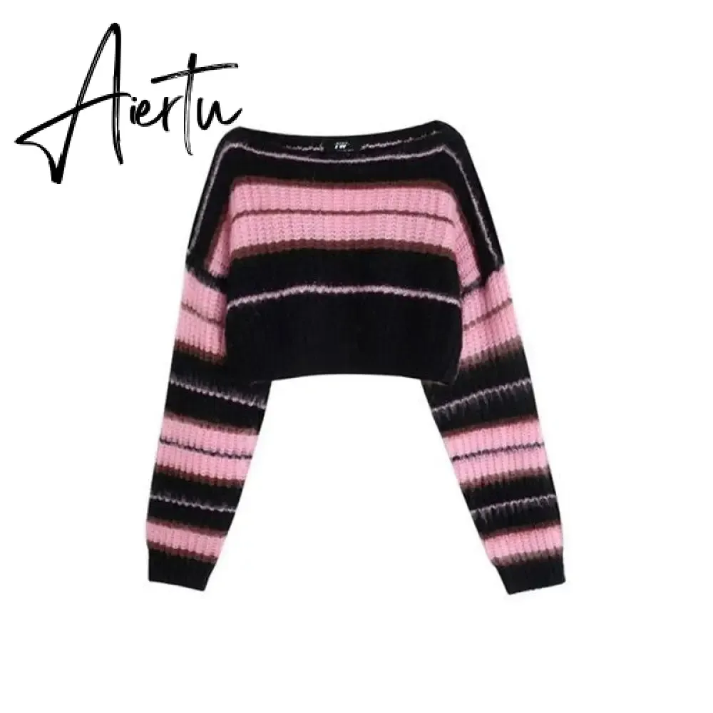 Aiertu  Y2K Korean Style Pink Cropped Sweater Women Striped Jumper Vintage Female  Autumn Long Sleeve Crewneck Pullovers Tops