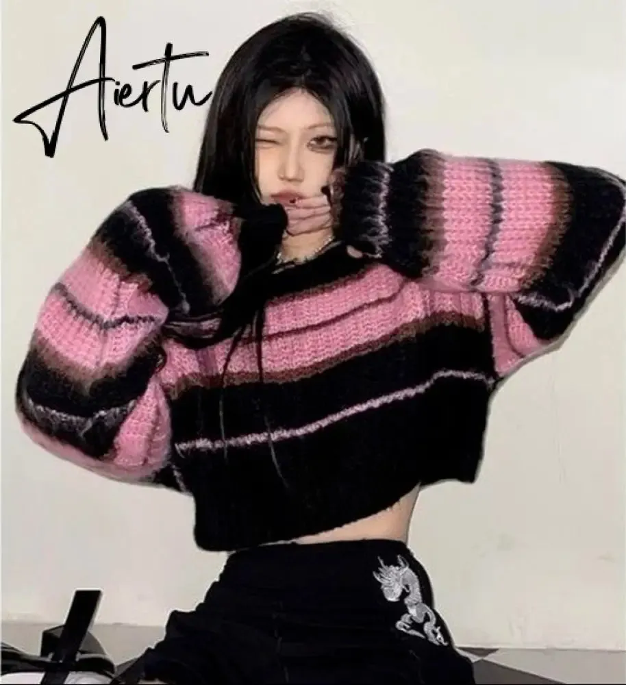 Aiertu  Y2K Korean Style Pink Cropped Sweater Women Striped Jumper Vintage Female  Autumn Long Sleeve Crewneck Pullovers Tops