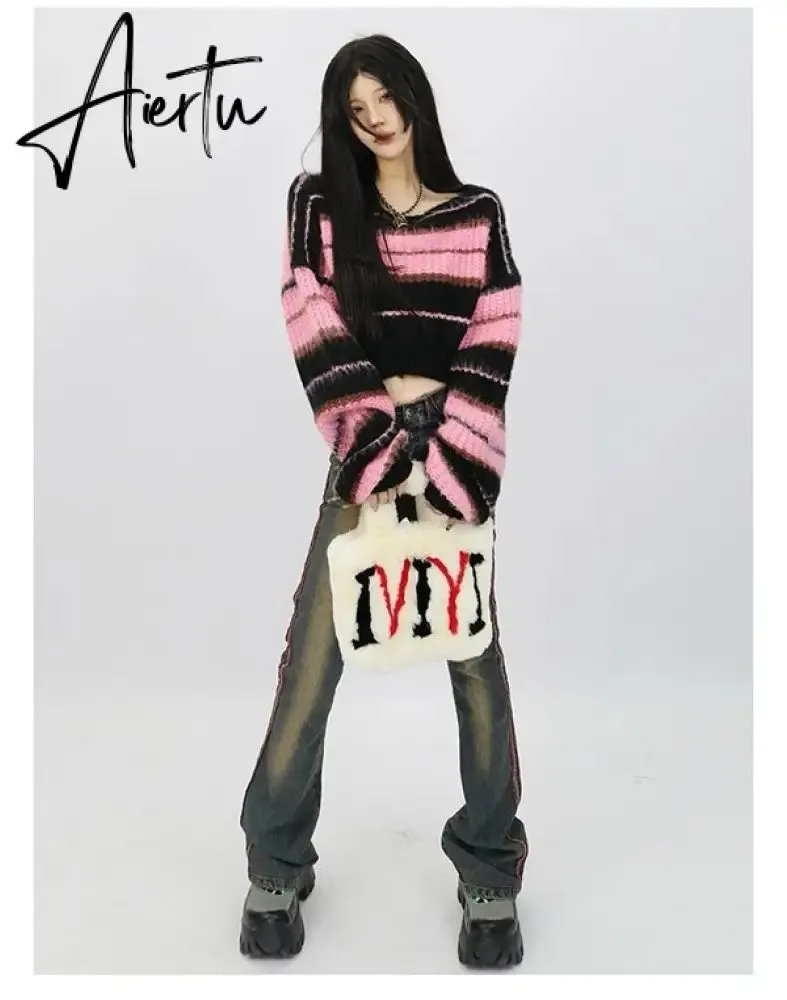 Aiertu  Y2K Korean Style Pink Cropped Sweater Women Striped Jumper Vintage Female  Autumn Long Sleeve Crewneck Pullovers Tops