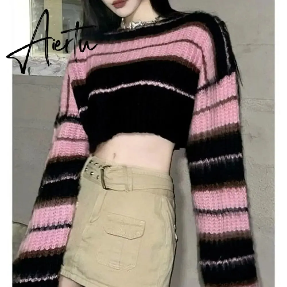 Aiertu  Y2K Korean Style Pink Cropped Sweater Women Striped Jumper Vintage Female  Autumn Long Sleeve Crewneck Pullovers Tops