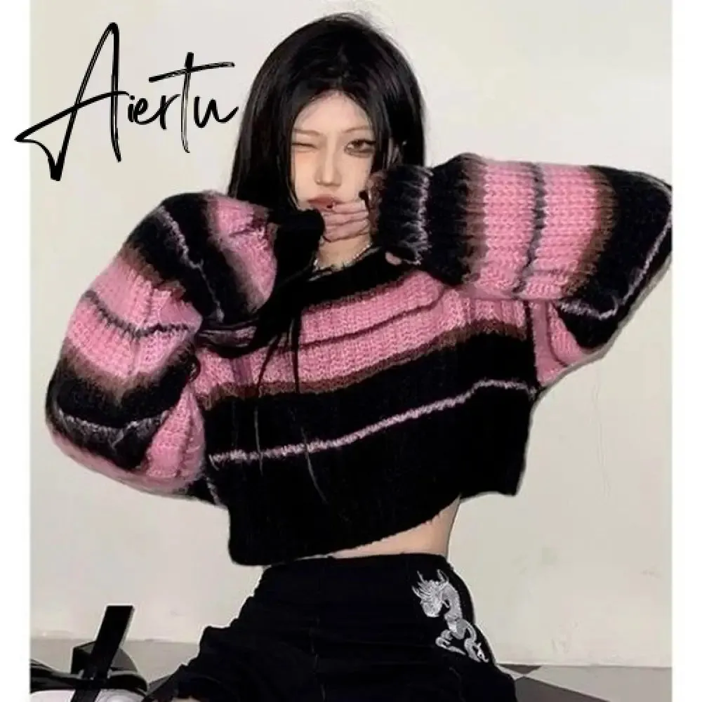 Aiertu  Y2K Korean Style Pink Cropped Sweater Women Striped Jumper Vintage Female  Autumn Long Sleeve Crewneck Pullovers Tops