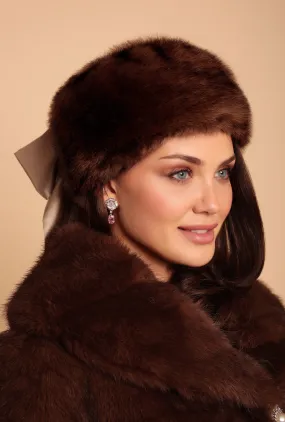 'Anastasia' Faux Fur Hat with Satin Bow in Marrone