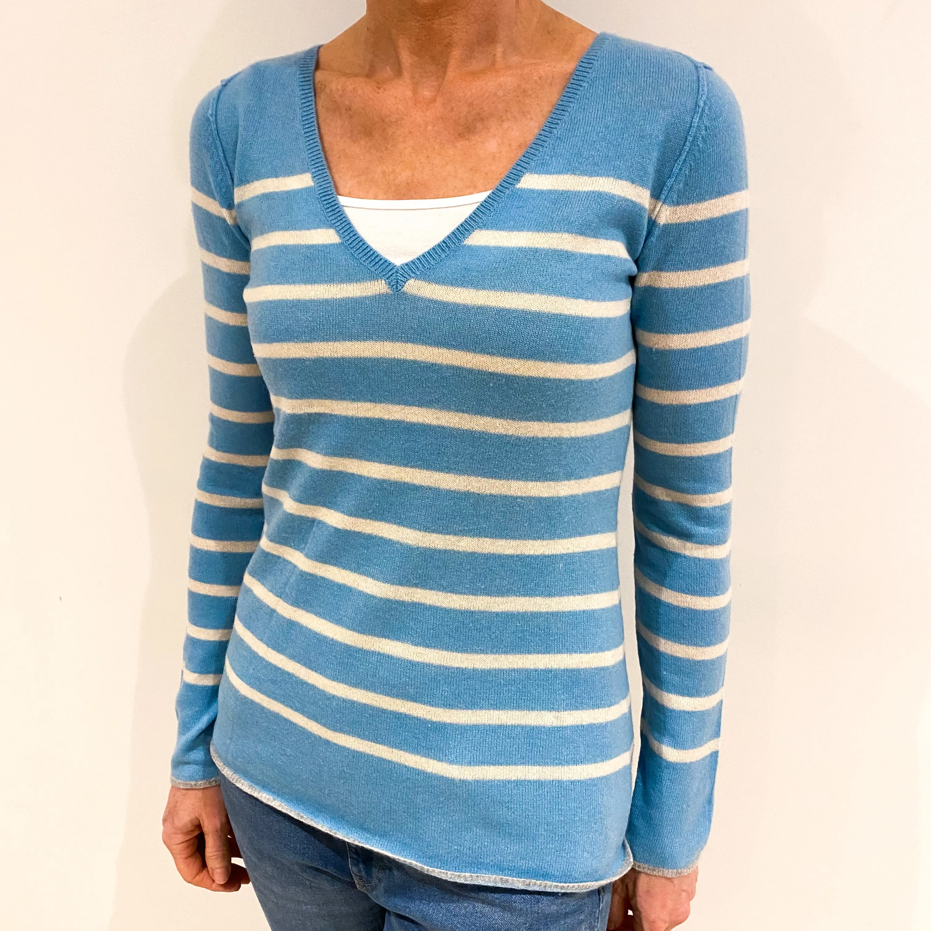 Aqua Blue Cream Stripe Cashmere V Neck Jumper Small