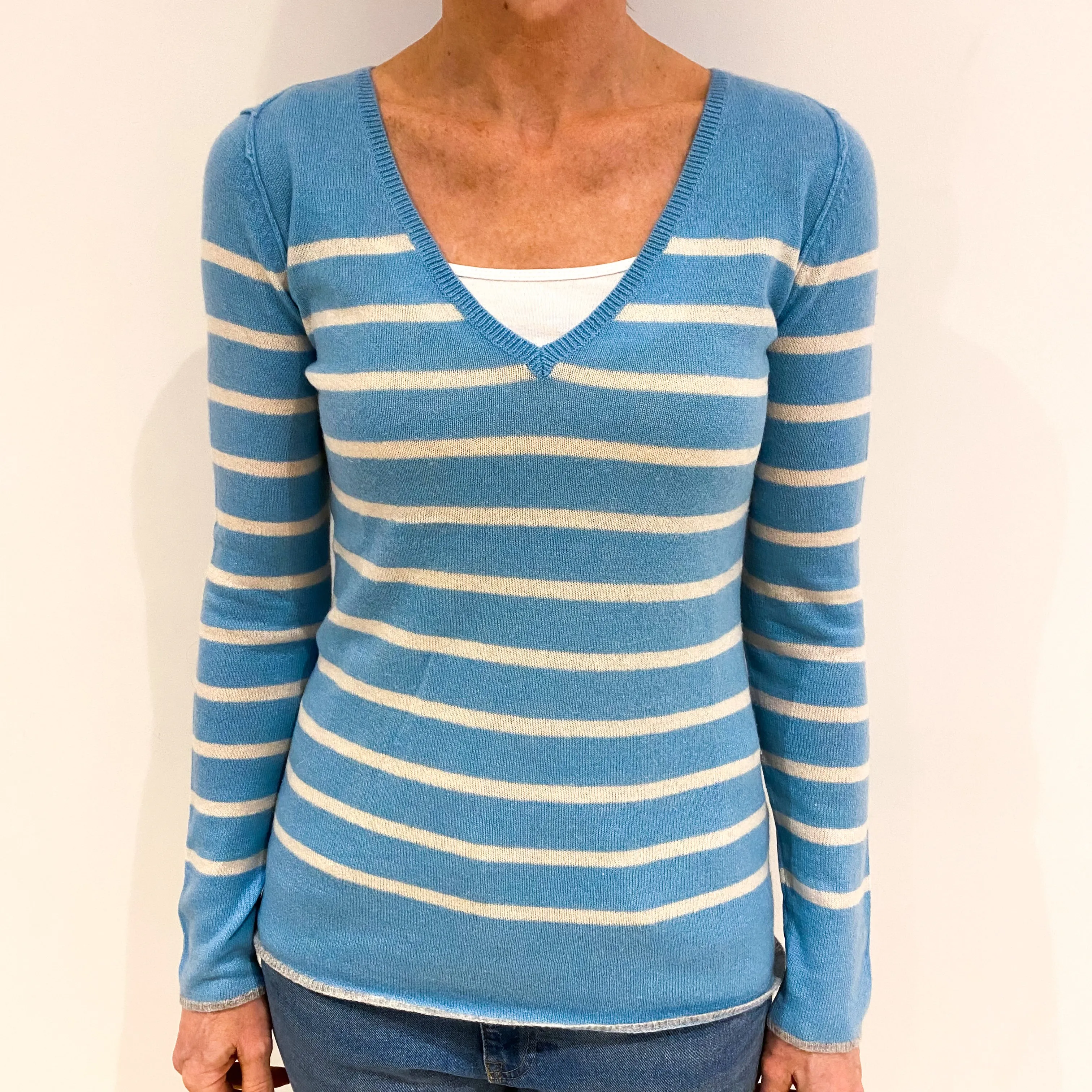 Aqua Blue Cream Stripe Cashmere V Neck Jumper Small