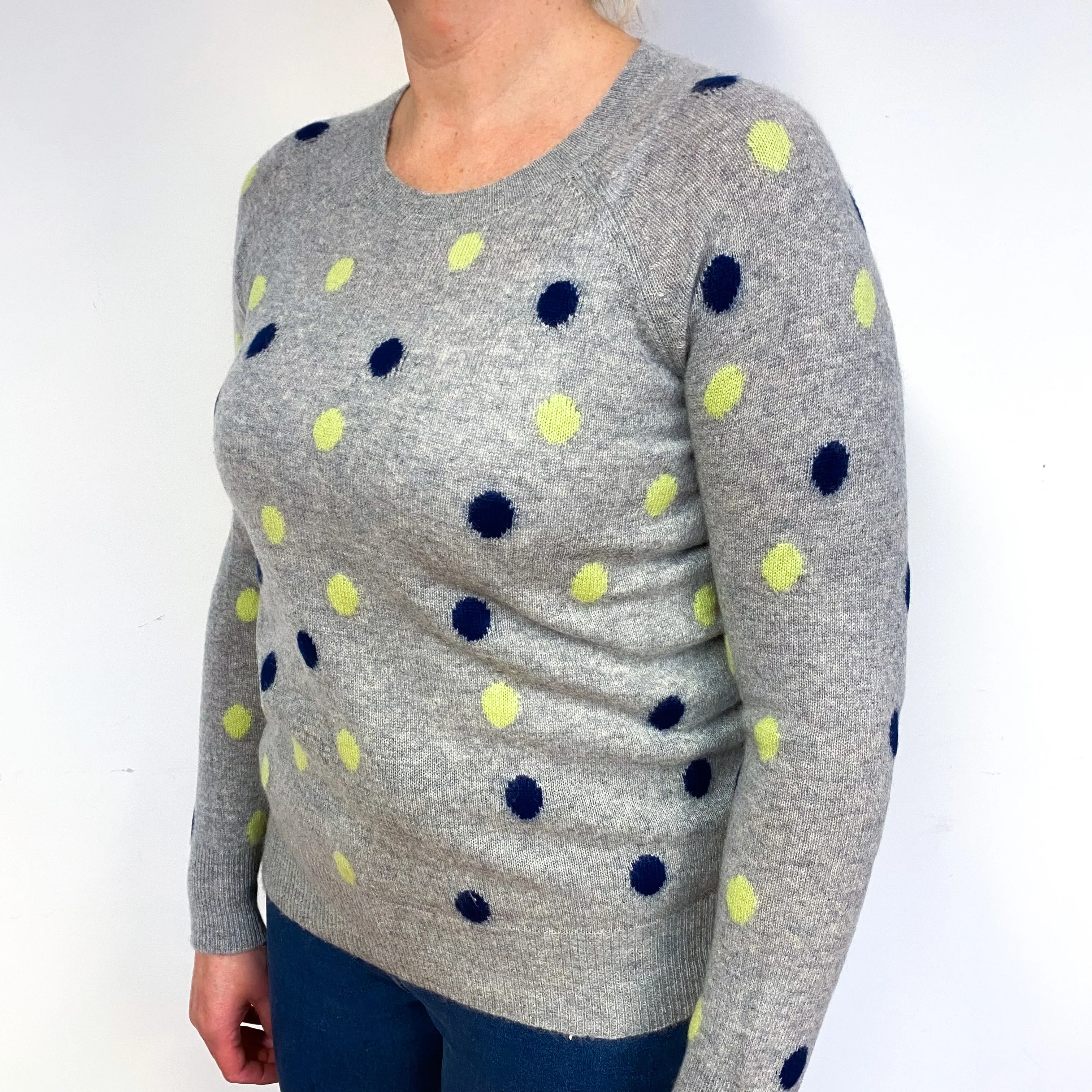 Ash Grey Polka Dot Cashmere Crew Neck Jumper Large