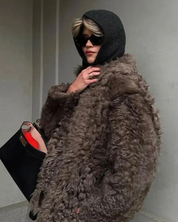 Ashore Shop Women’s Luxury Fluffy Faux Fur Coat Lambswool Jacket