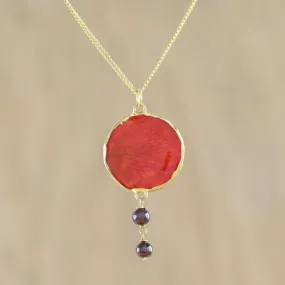 Autumn Red Rose Garnet and Gold Plated Natural Rose Petal Pendant Necklace