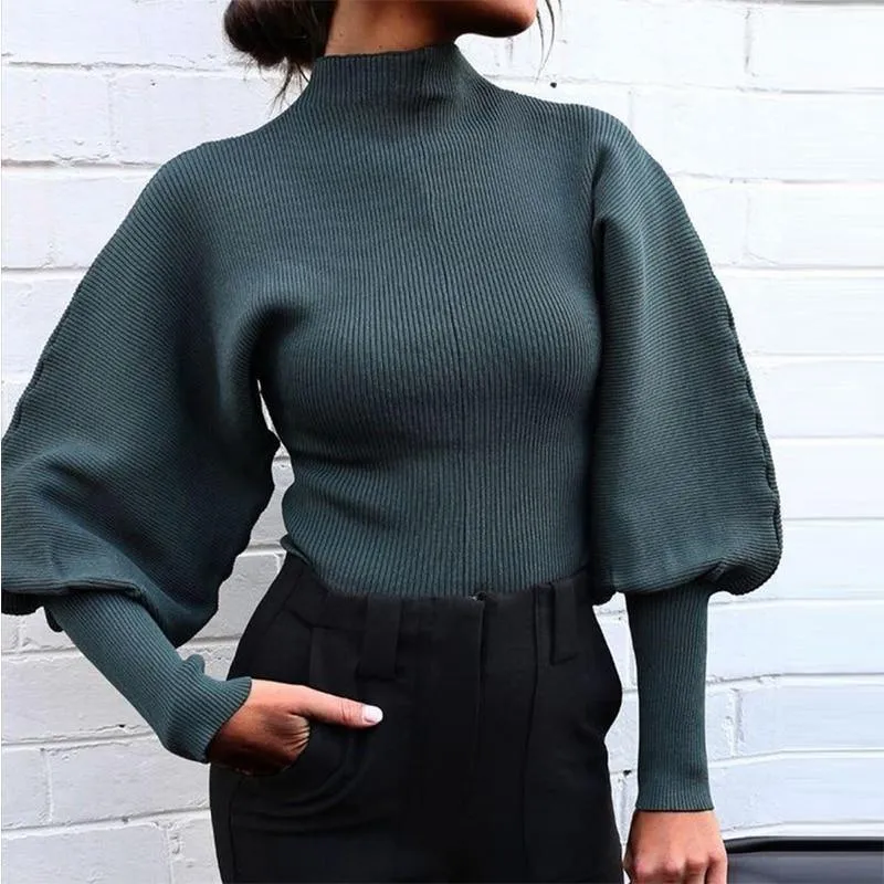 Autumn Winter Knitted Sweater High Collar Lantern Sleeve Loose Sweater