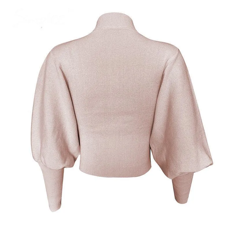 Autumn Winter Knitted Sweater High Collar Lantern Sleeve Loose Sweater