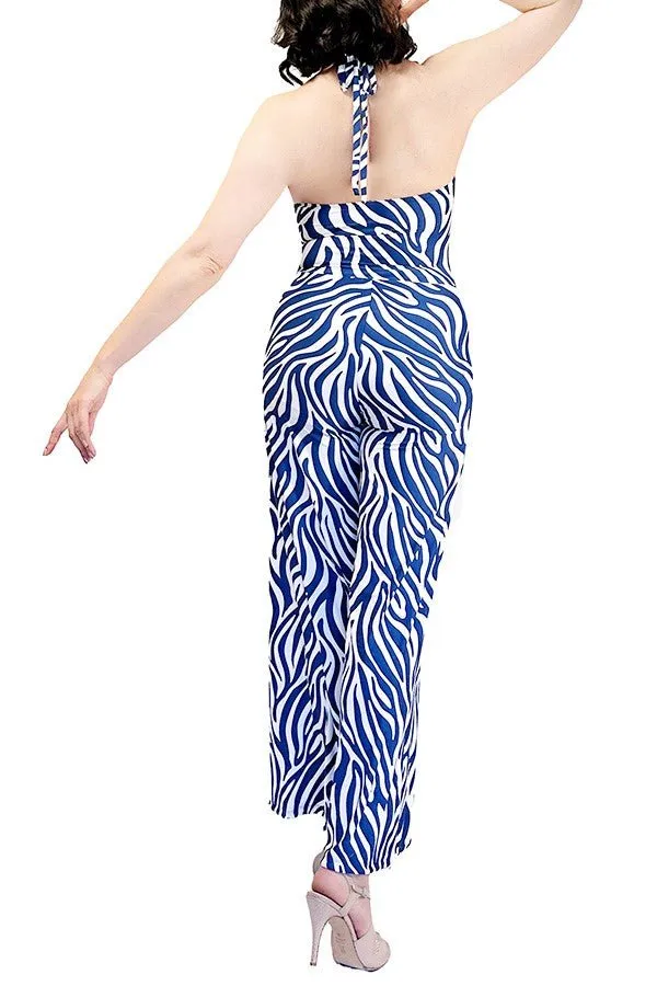 azure zebra wide-leg tango jumpsuit with adjustable ankle ties