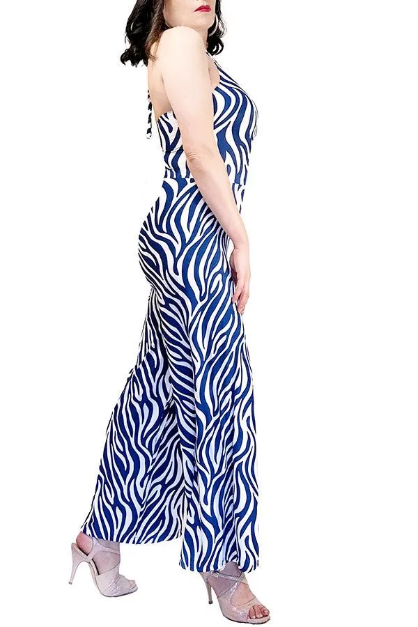 azure zebra wide-leg tango jumpsuit with adjustable ankle ties