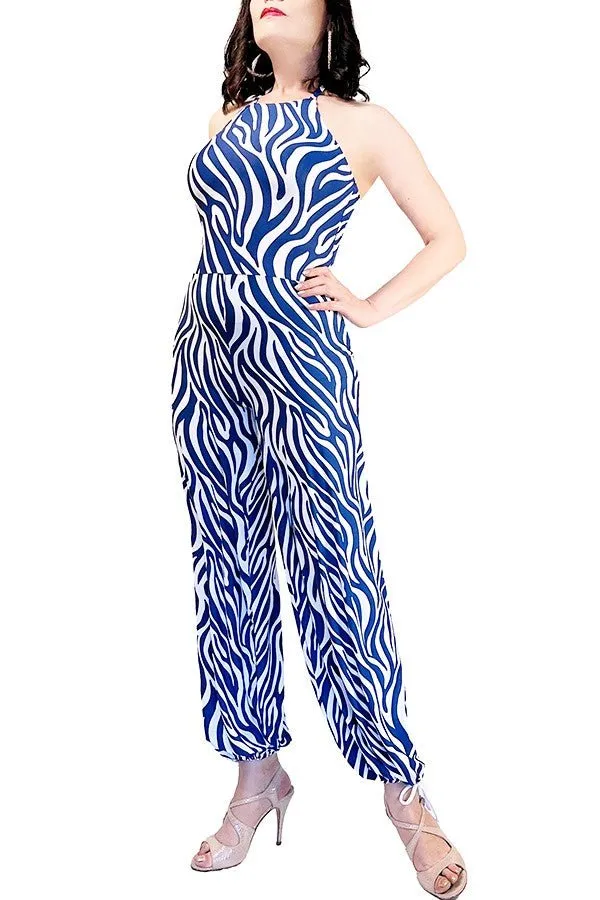 azure zebra wide-leg tango jumpsuit with adjustable ankle ties