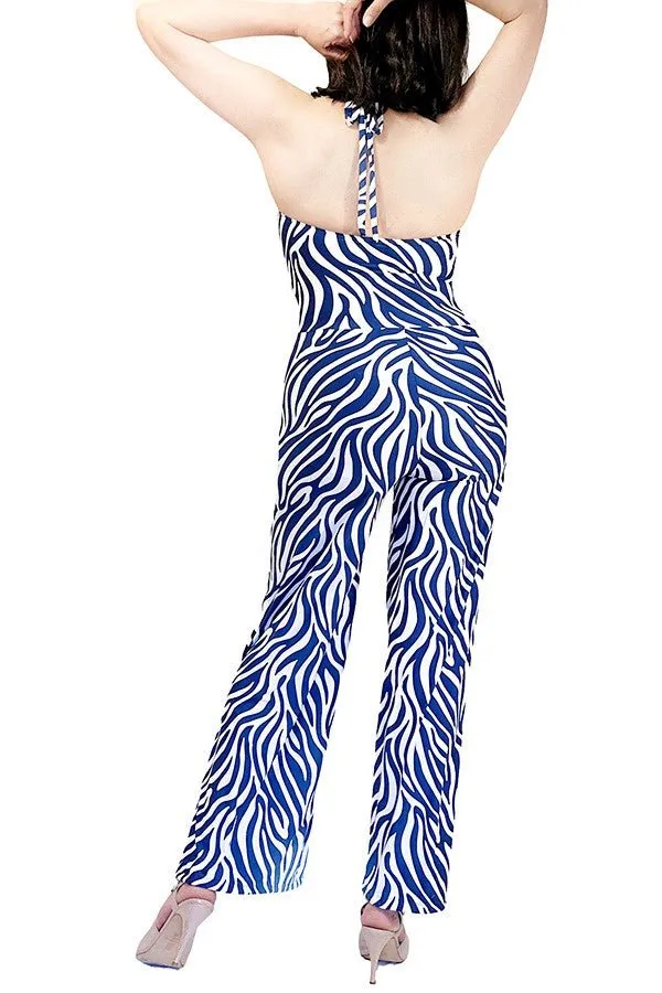 azure zebra wide-leg tango jumpsuit with adjustable ankle ties