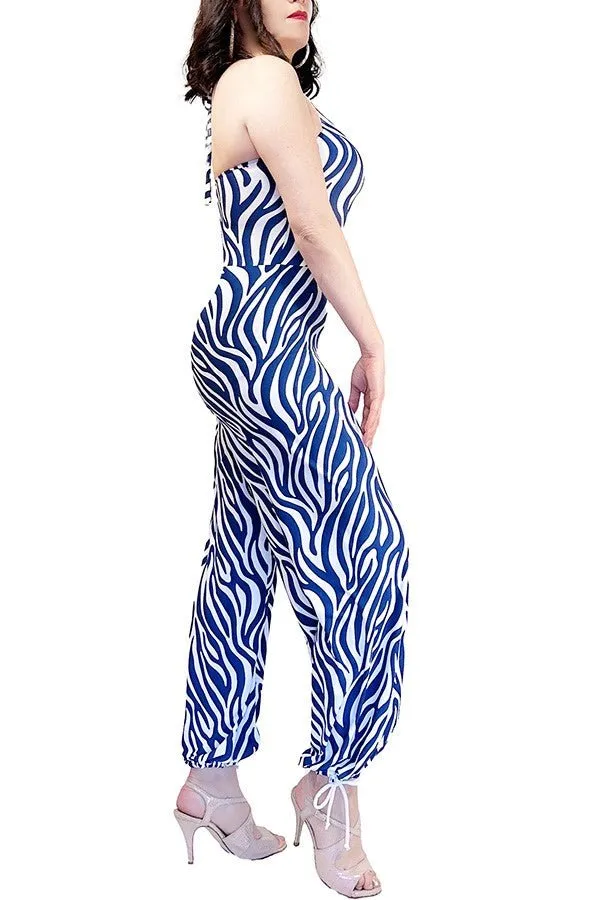 azure zebra wide-leg tango jumpsuit with adjustable ankle ties