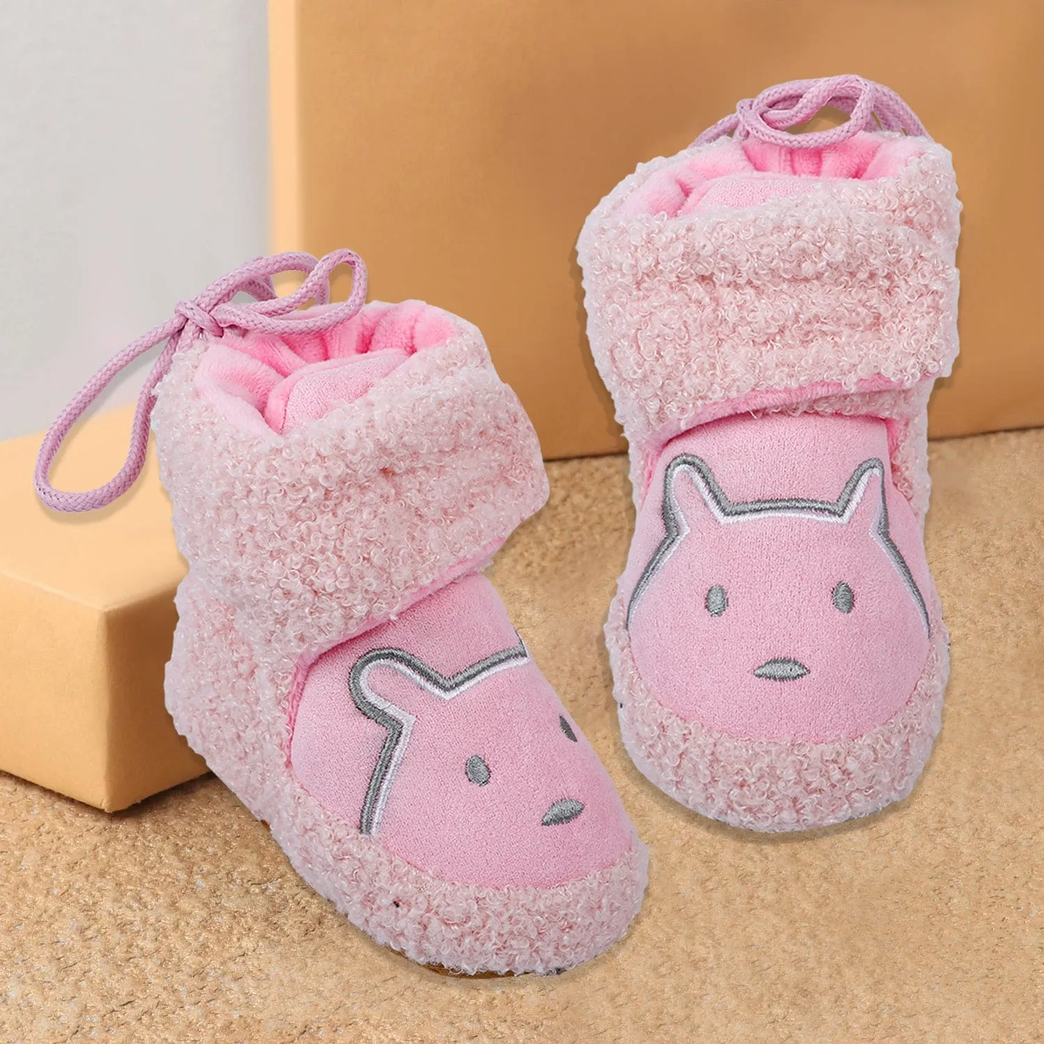 Baby Moo Bear Soft Fleece Lined Velcro Anti Skid Booties - Pink