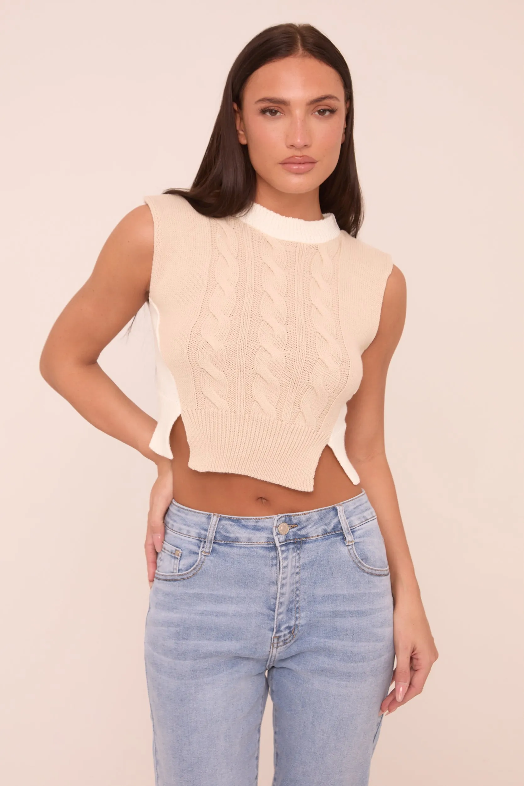 Beige Cable Knit Sleeveless Cropped Jumper - Cleo