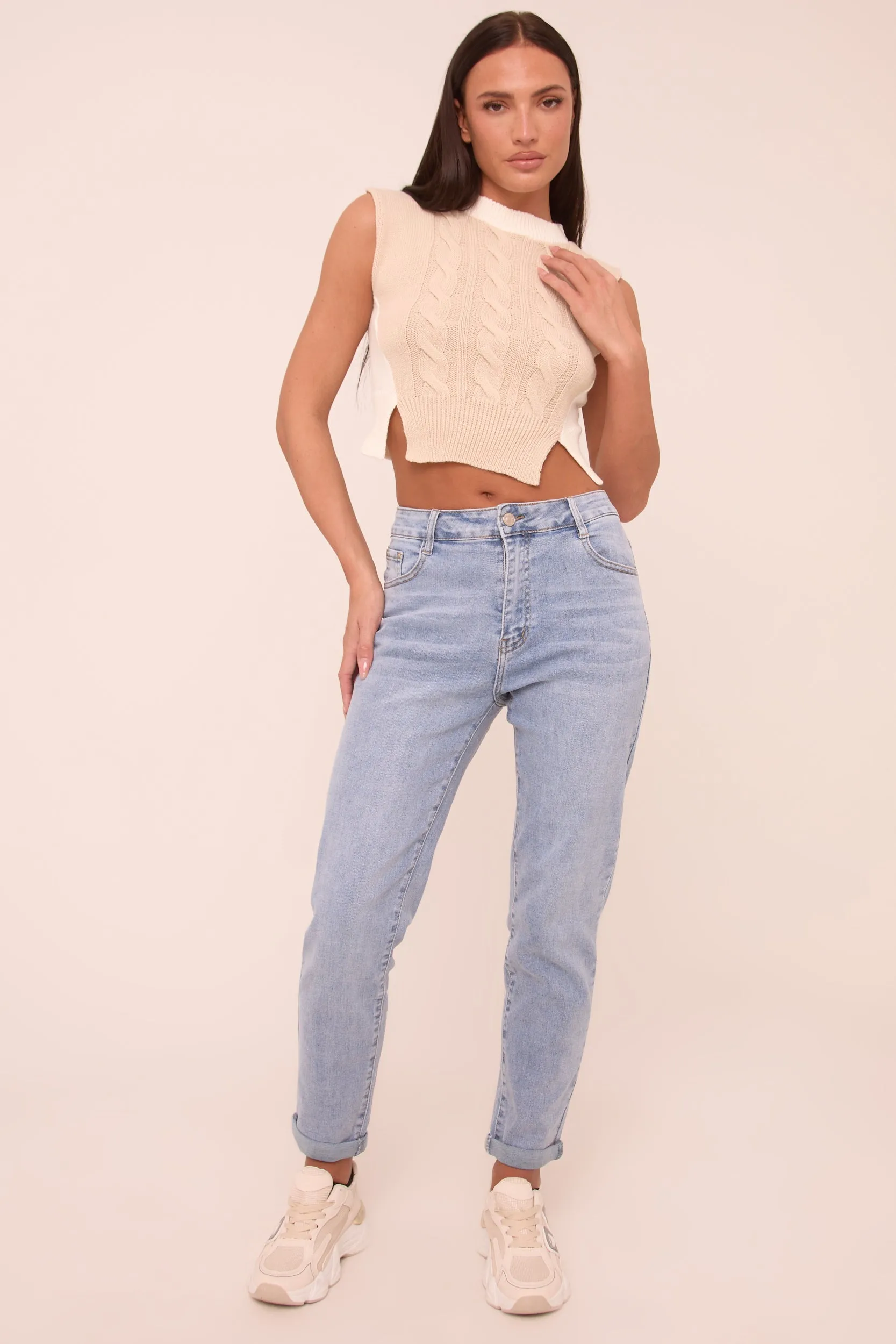 Beige Cable Knit Sleeveless Cropped Jumper - Cleo