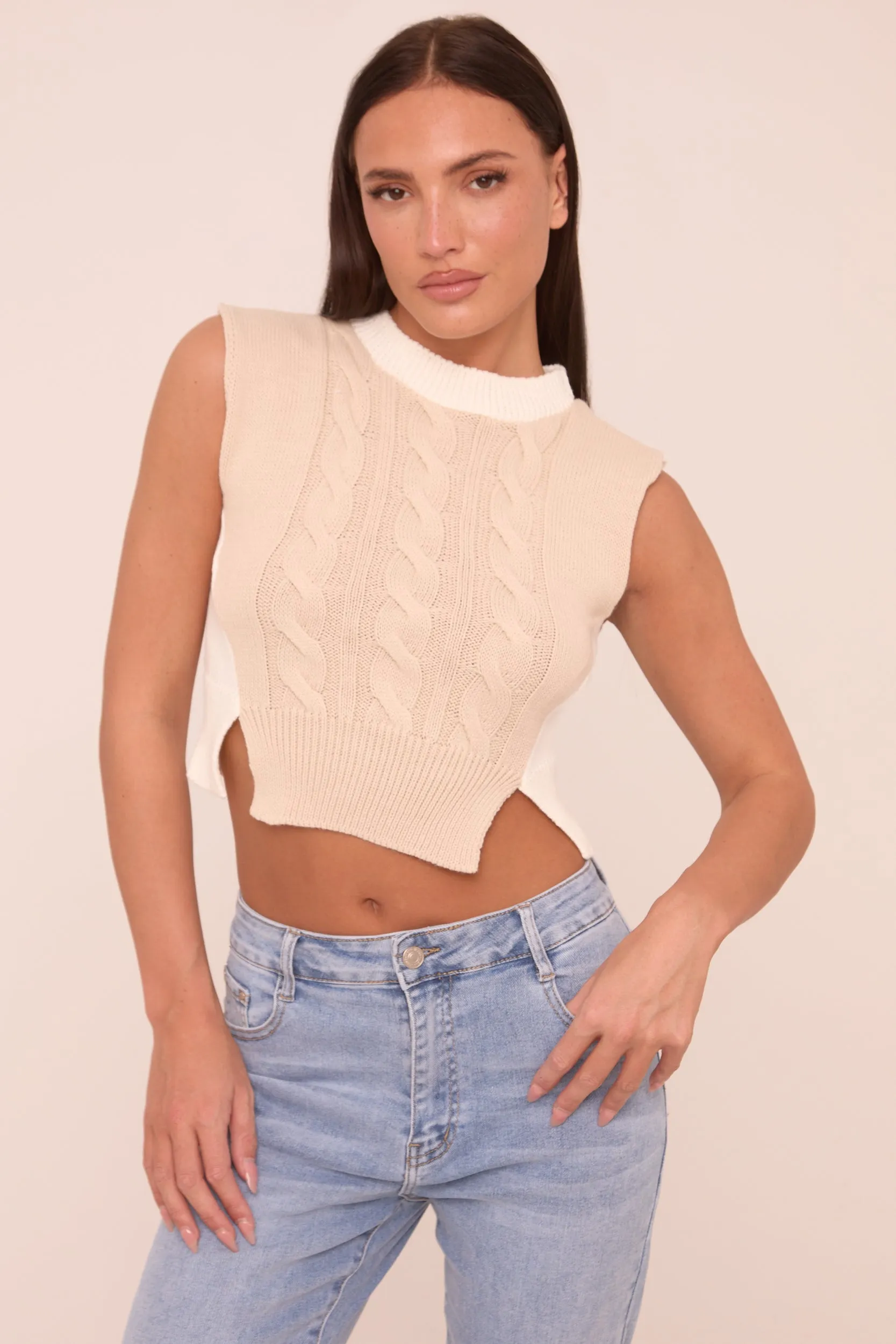 Beige Cable Knit Sleeveless Cropped Jumper - Cleo