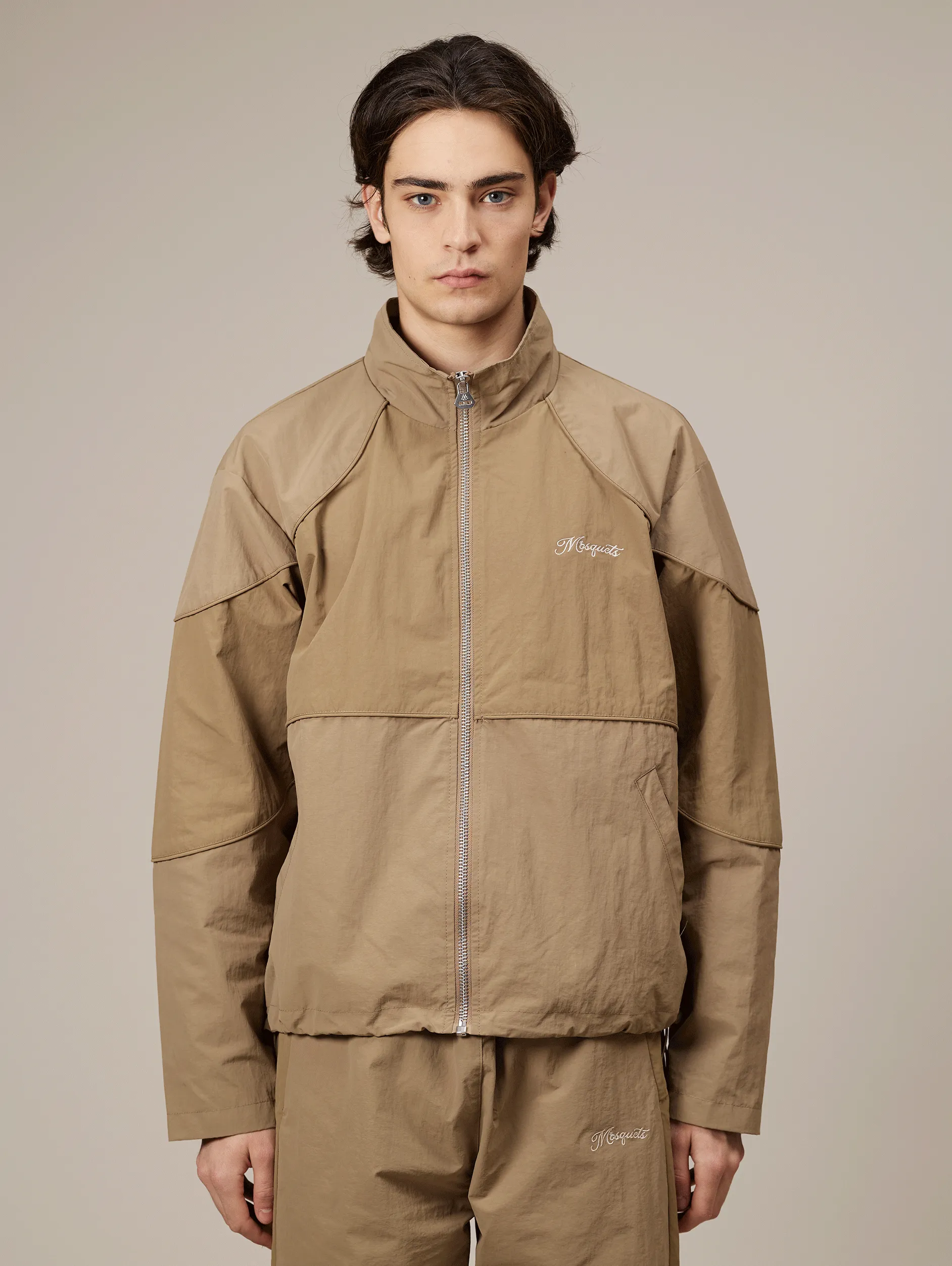 BEIGE CONTRAST NYLON TRACK JACKET