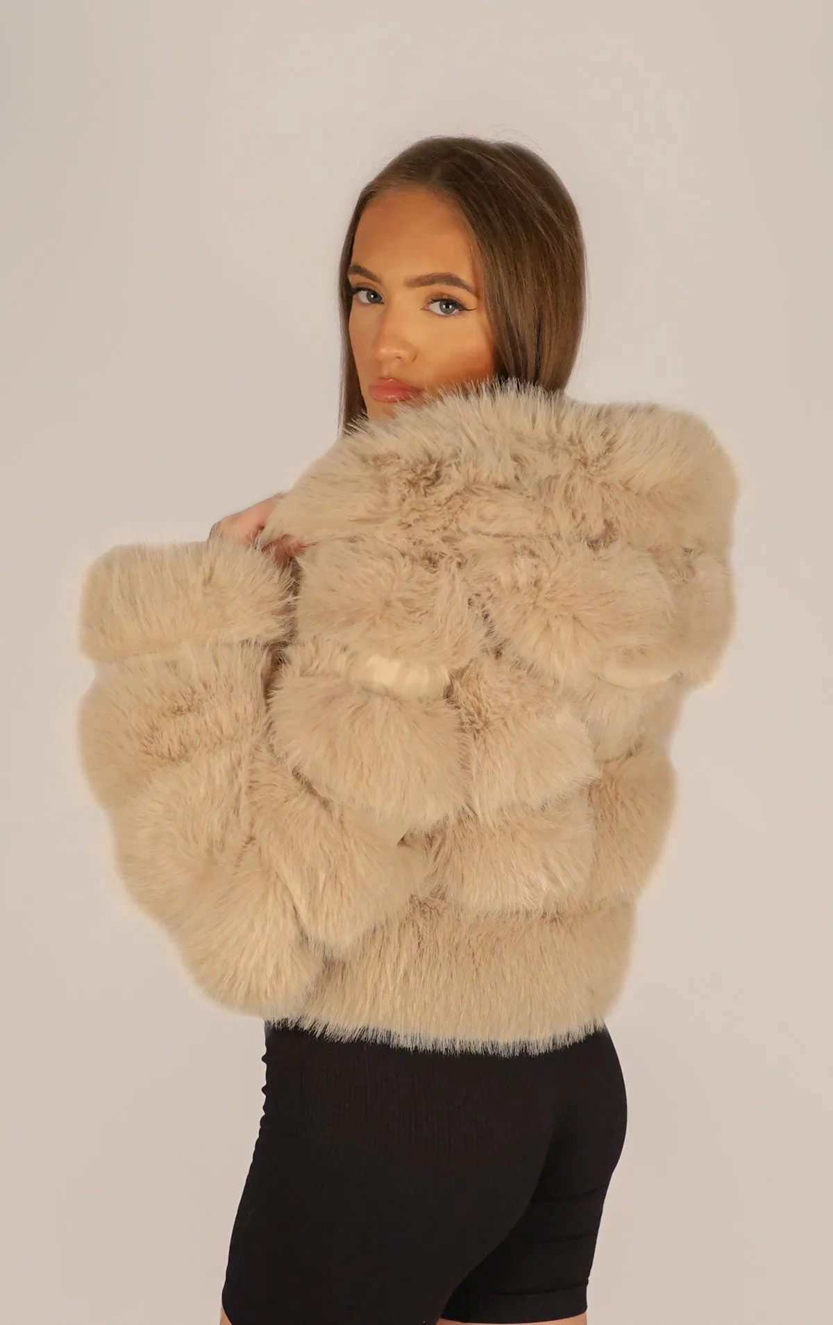 Beige Faux Fur Cropped Hooded Coat