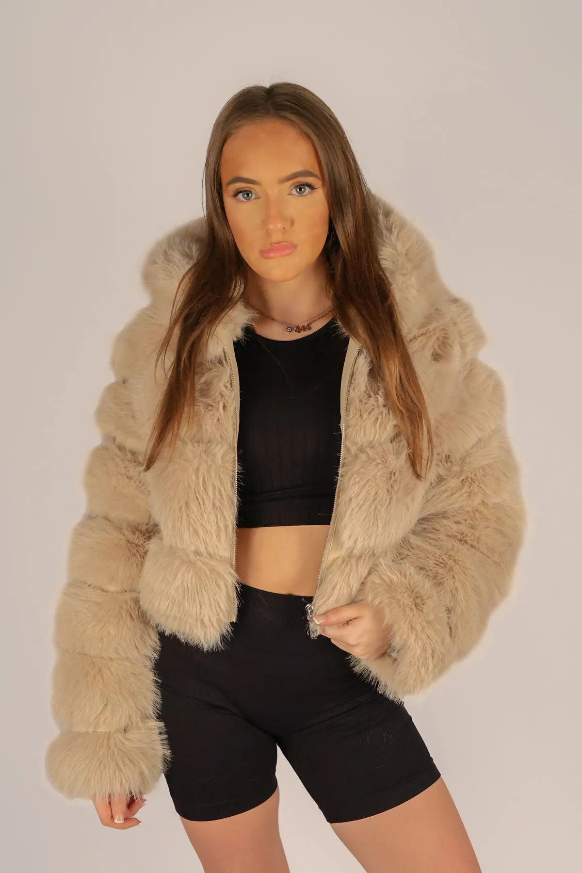 Beige Faux Fur Cropped Hooded Coat