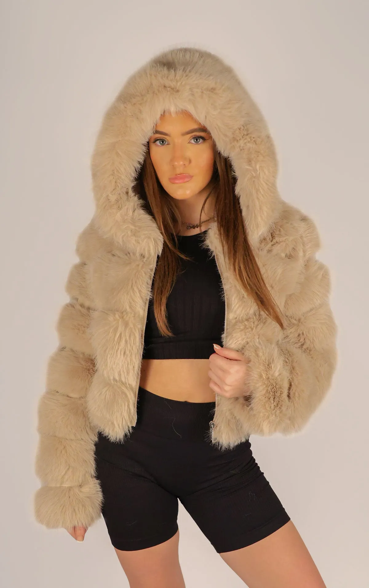 Beige Faux Fur Cropped Hooded Coat