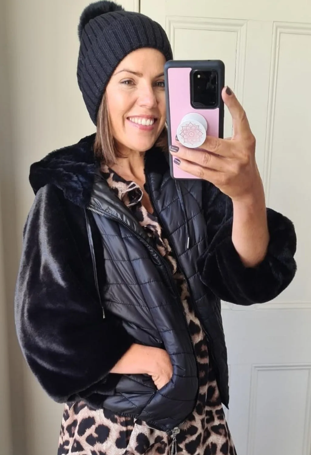 Black Faux Fur Jacket with Quilted Front