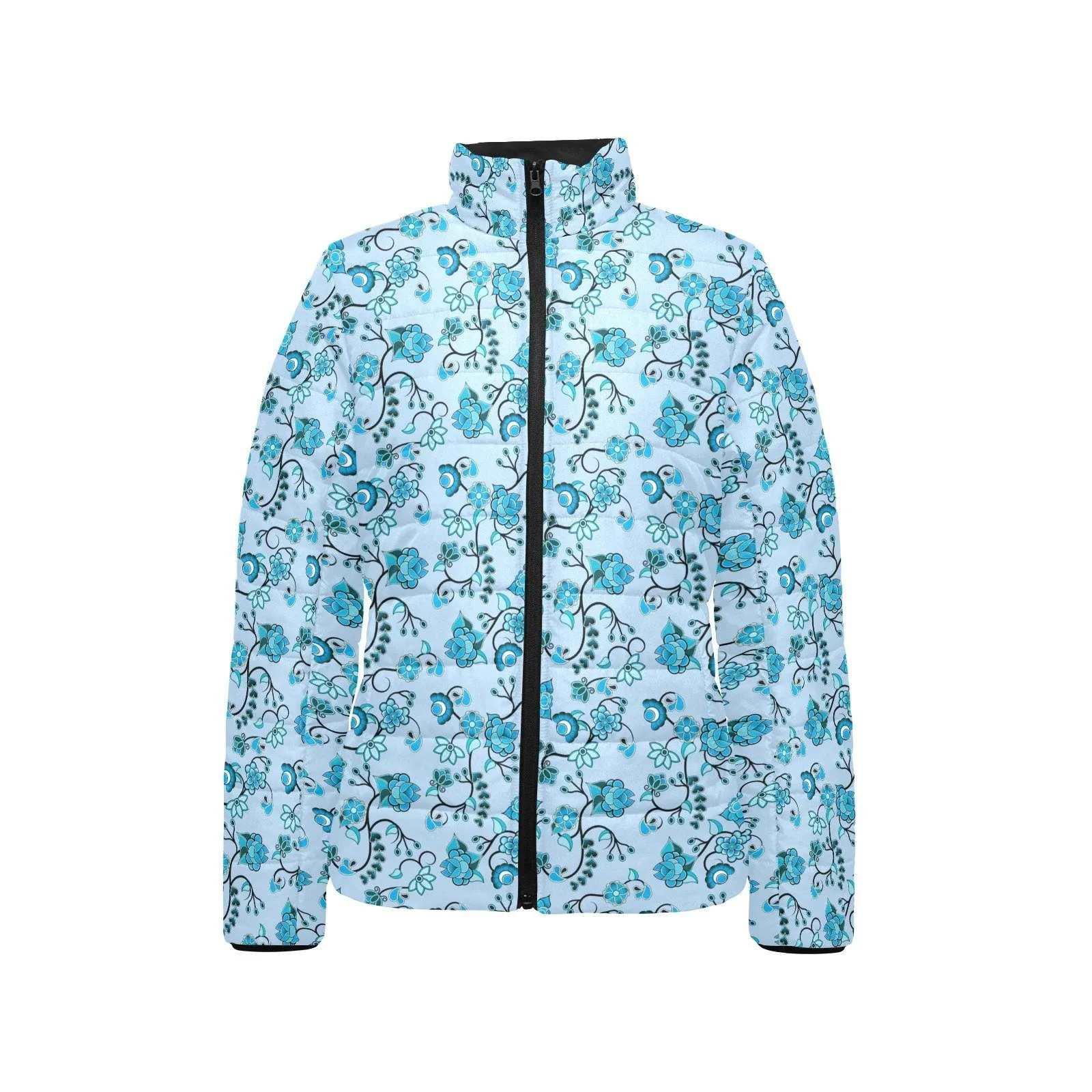 Blue Floral Amour Women's Stand Collar Padded Jacket