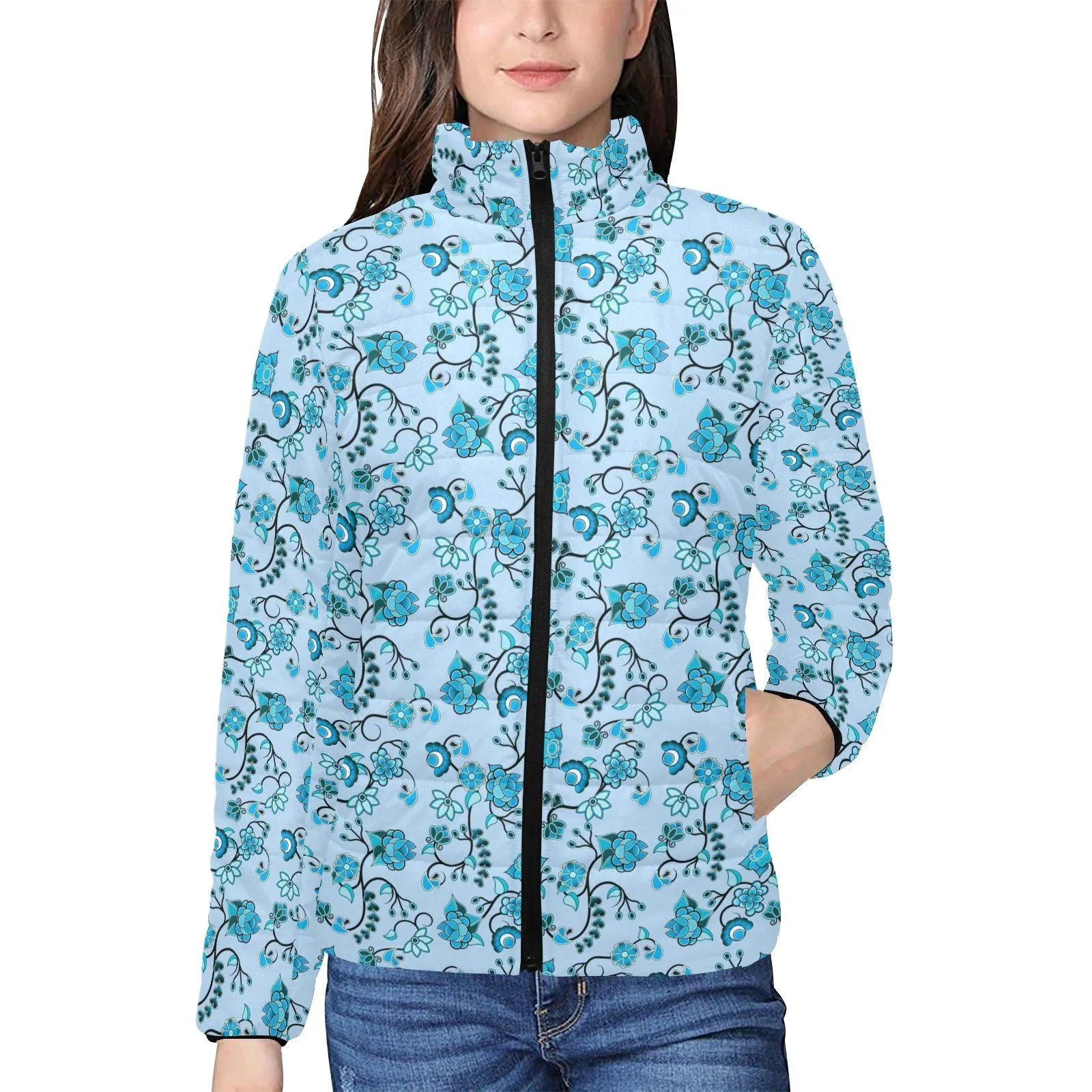 Blue Floral Amour Women's Stand Collar Padded Jacket