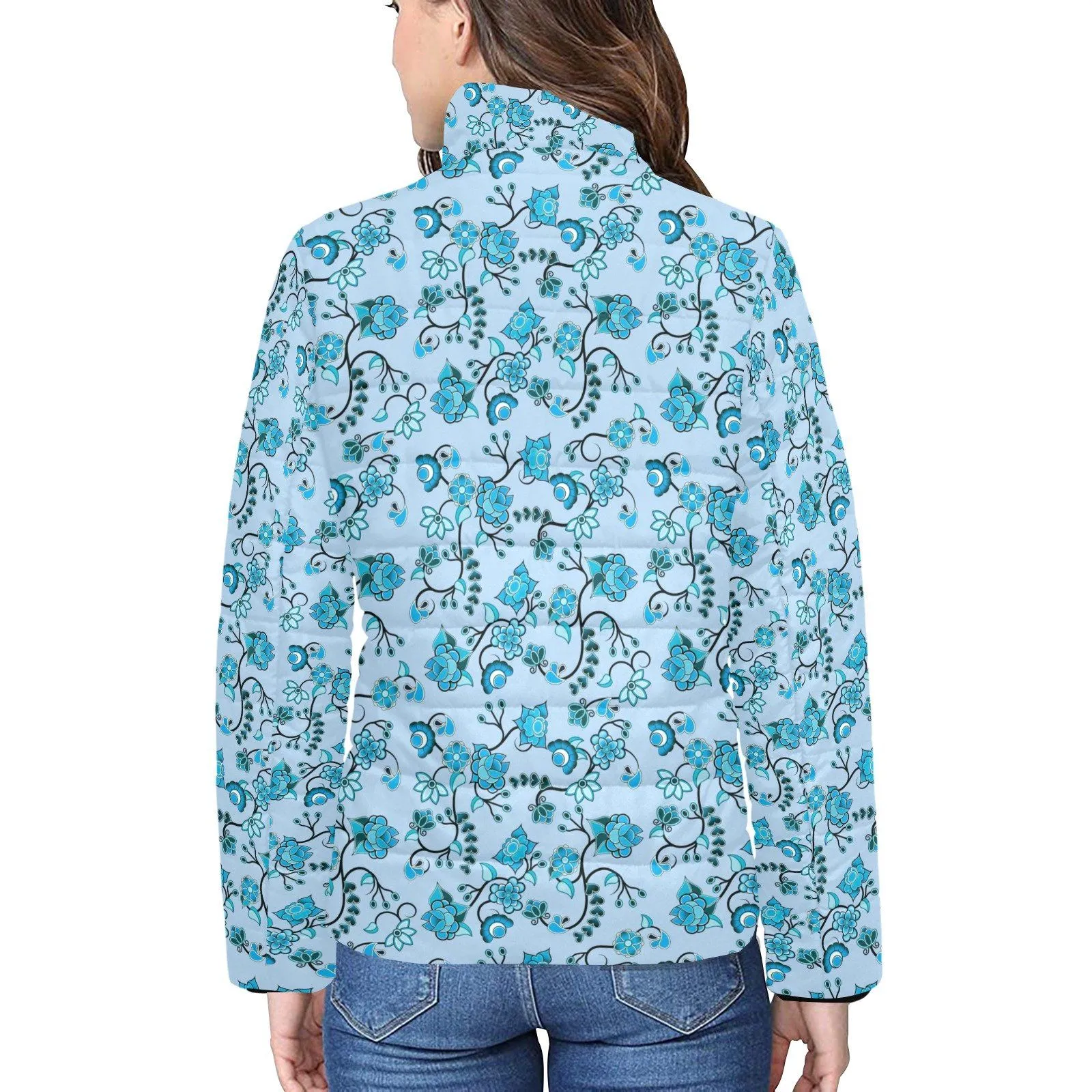 Blue Floral Amour Women's Stand Collar Padded Jacket