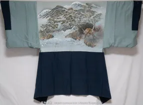 Blue Iromuji Haori Jacket for Men - Unused Vintage Dark Blue Raw Silk & Wool Blend Japanese Kimono Accessory - Fishing in the Waters Around Mount Fuji - Ancient Scenery of Japan Hand Painted on Lining