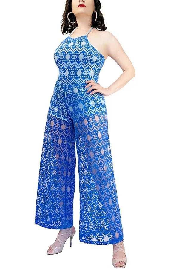 blue zig-zag halter tango jumpsuit