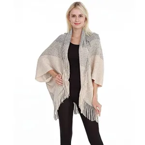 Bold N Elegant Girl's Winter Warm Open Front Poncho Cardigan Shrug Style Wrap with Tassel Fringe Hem for Women (Off White - Grey)